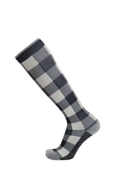 Lunatik Ivory Lumber Jack compression sock (checkered pattern) on white background.