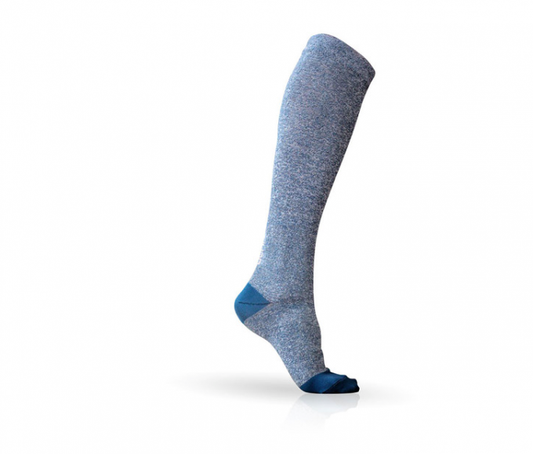 Lunatik Denim Cool compression sock on white background.