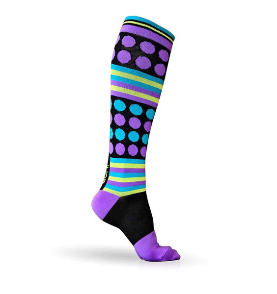 Lunatik Rockin Dot+ compression sock in black on white background.